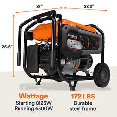 Generac Portable Generator, 6500W | Electric Start with COsense | 49ST/CSA