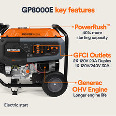 Generac Portable Generator, 8000W | Electric Start with COsense | 49ST/CSA