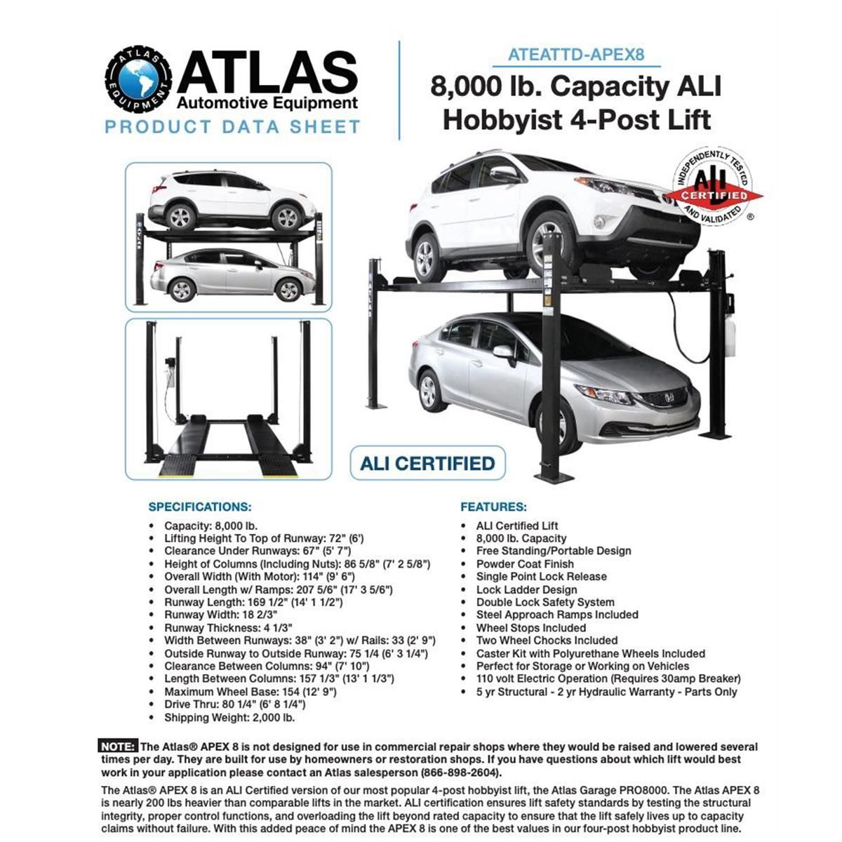 Atlas Apex 8 ALI Certified 8,000 lb 4-Post Lift
