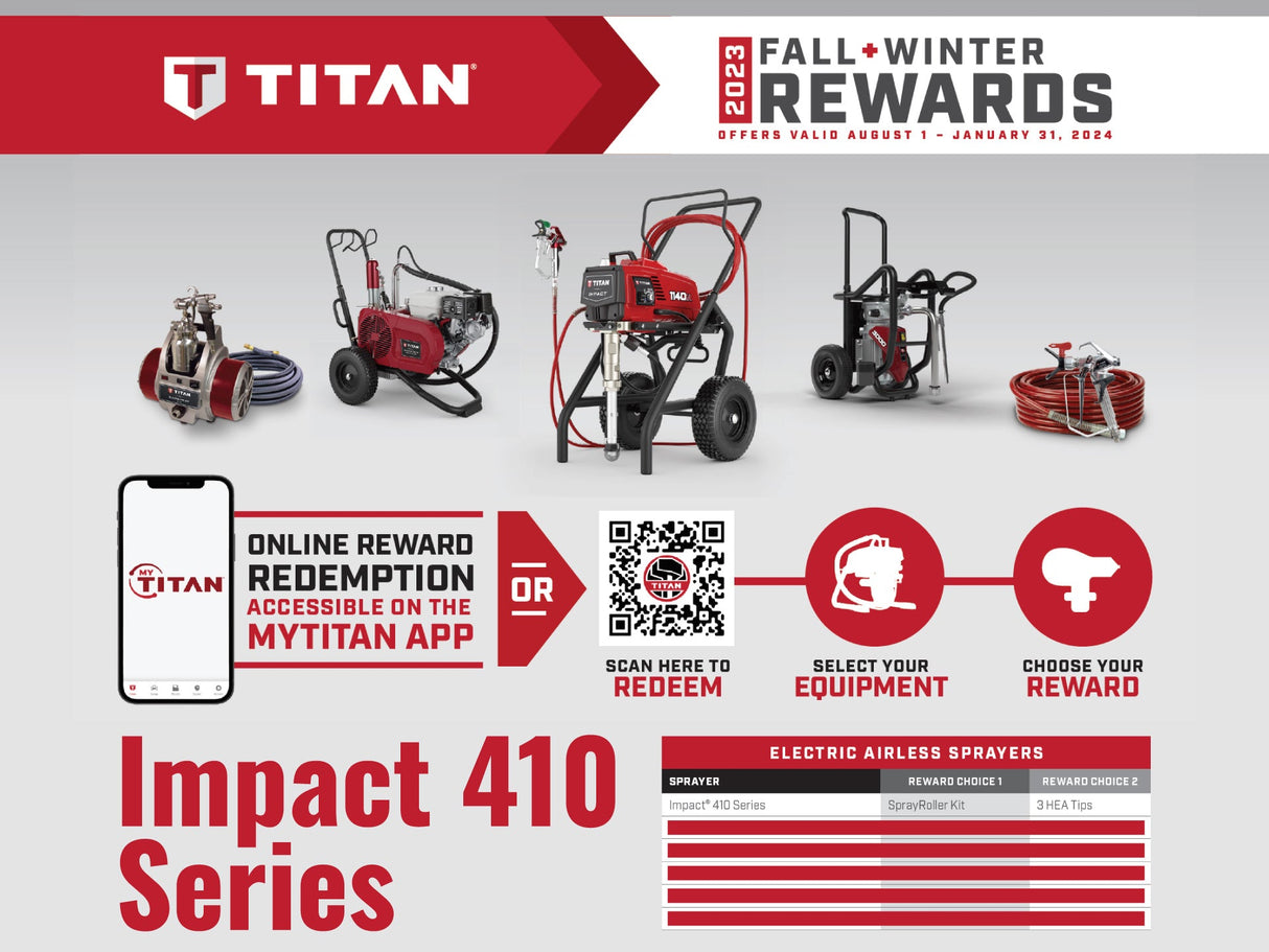 Titan 0532052 Impact 410 Skid Airless Sprayer w/RX-80 4F Gun, 517 TR1 Tip, & 1/4" x 50' Airless Hose