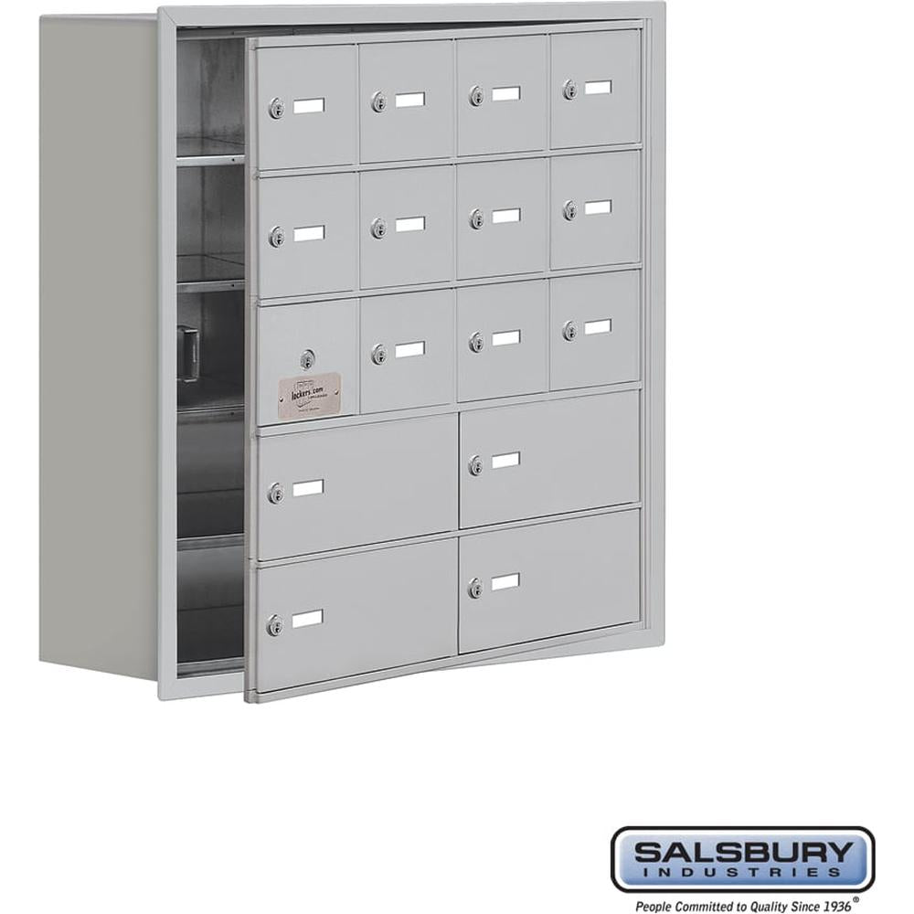 Recessed Mounted Cell Phone Locker with 12 A Doors (11 usable) 4 B Doors in Aluminum - Keyed Locks by Salsbury