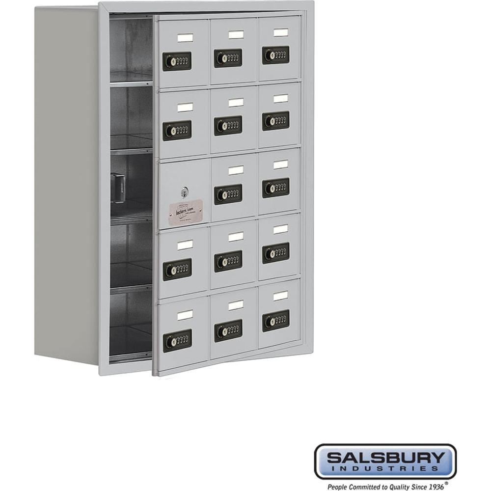 Recessed Mounted Cell Phone Storage Locker with 15 A Doors (14 usable) in Aluminum - Keyed Locks by Salsbury