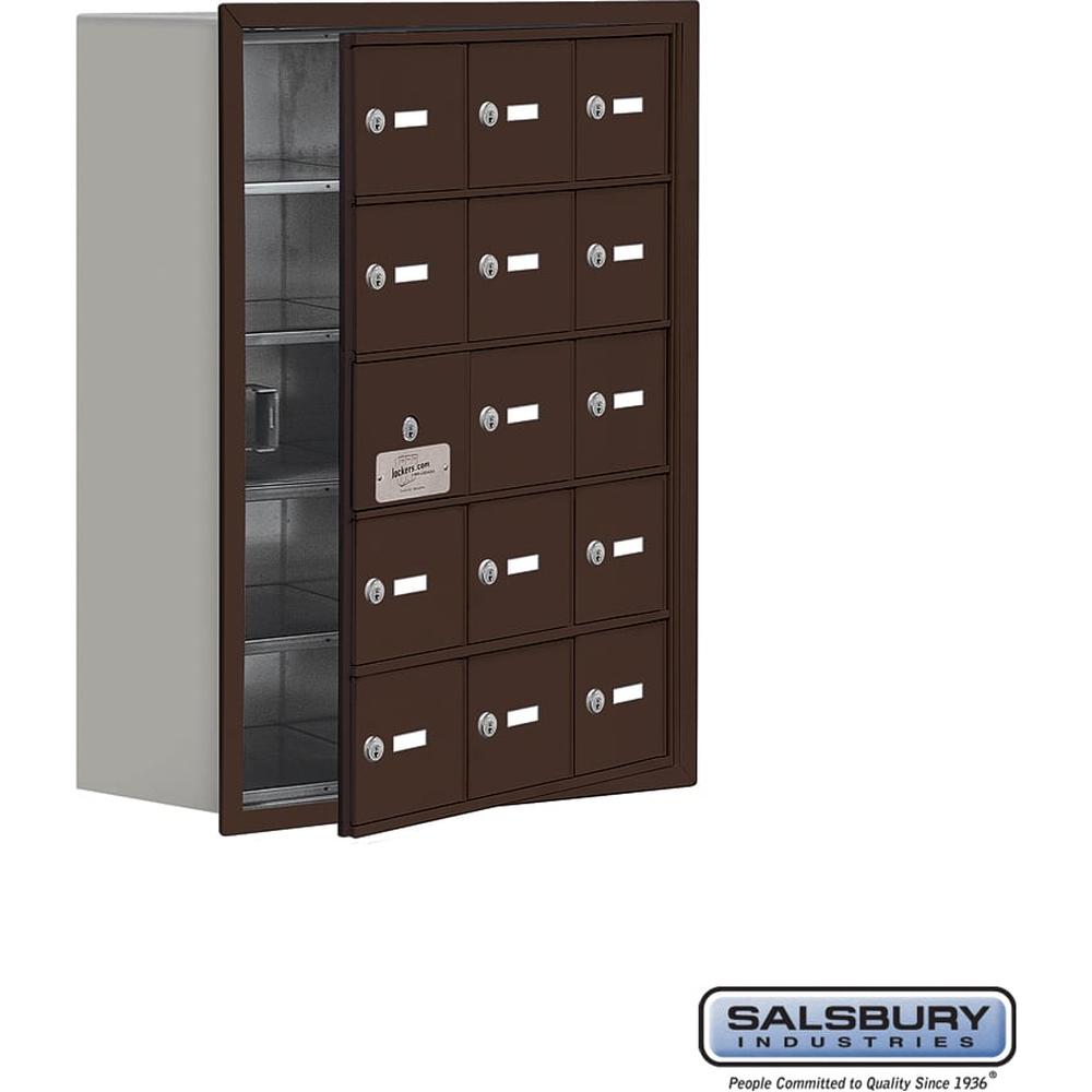 Recessed Mounted Cell Phone Storage Locker with 15 A Doors (14 usable) in Aluminum - Keyed Locks by Salsbury
