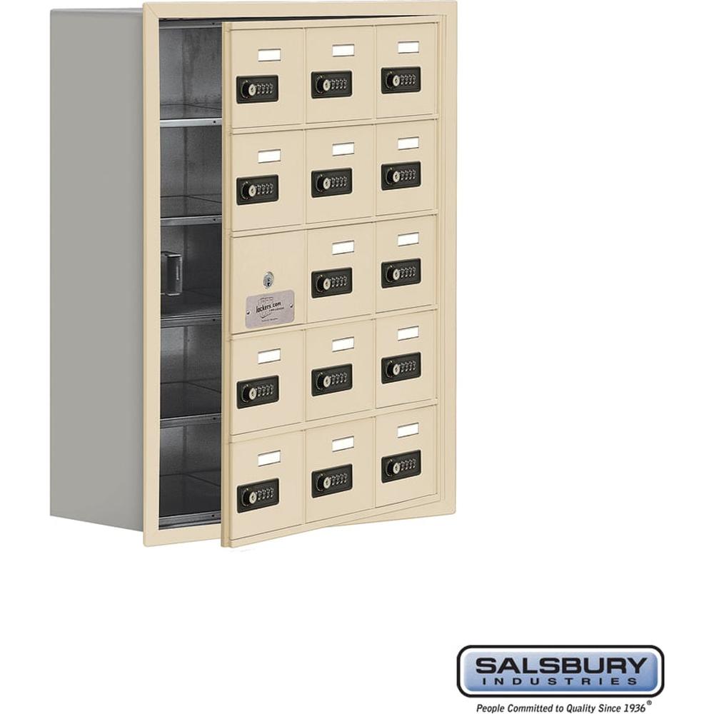 Recessed Mounted Cell Phone Storage Locker with 15 A Doors (14 usable) in Aluminum - Keyed Locks by Salsbury