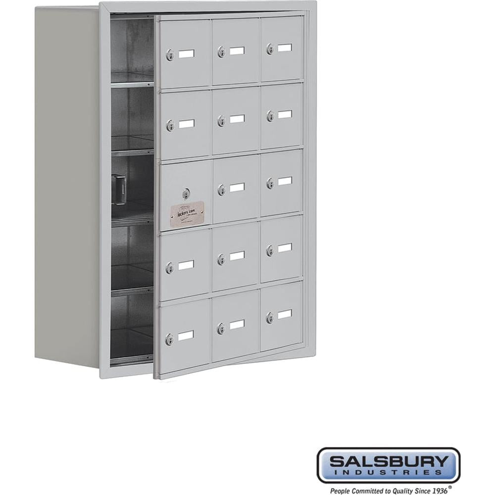Recessed Mounted Cell Phone Storage Locker with 15 A Doors (14 usable) in Aluminum - Keyed Locks by Salsbury