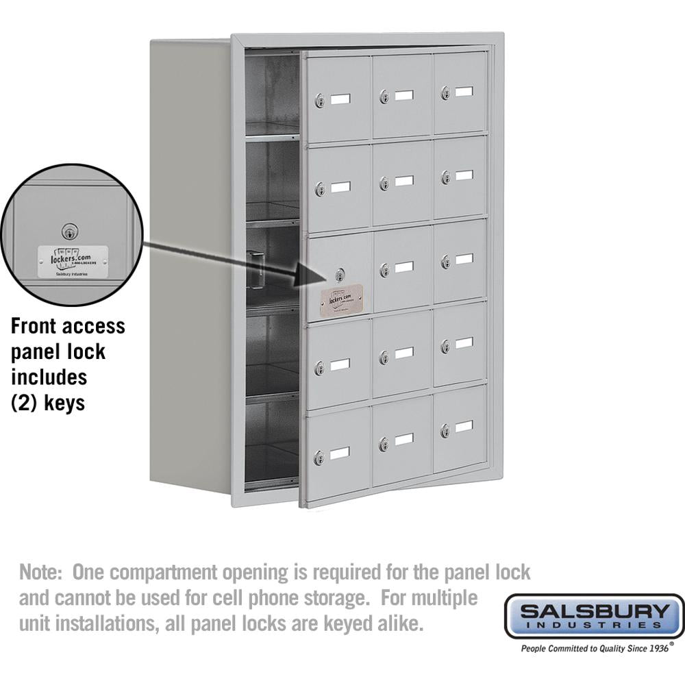 Recessed Mounted Cell Phone Storage Locker with 15 A Doors (14 usable) in Aluminum - Keyed Locks by Salsbury