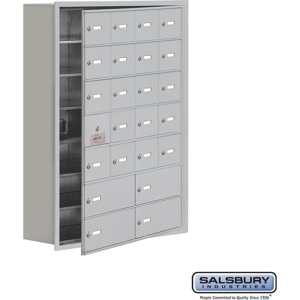 Recessed Mounted Cell Phone Storage Locker with 20 A Doors (19 usable) 4 B Doors in Aluminum - Keyed Locks by Salsbury