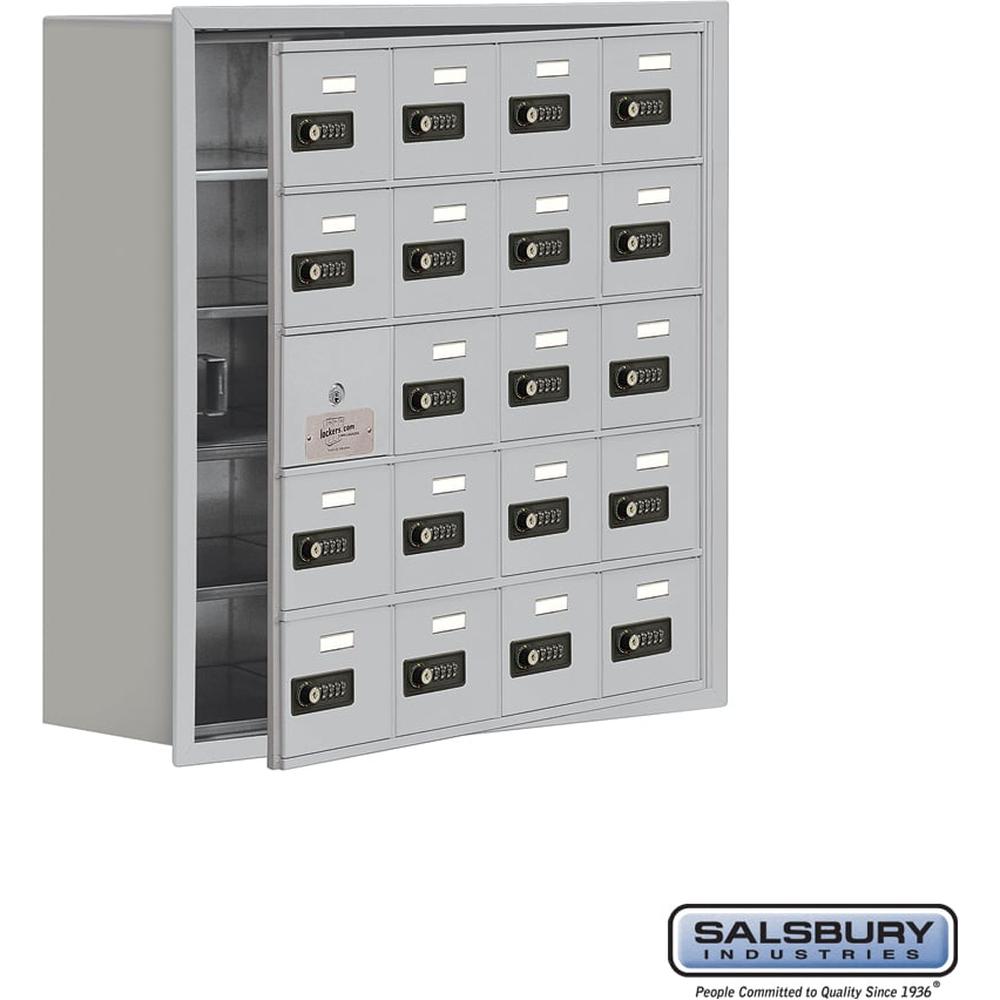 Recessed Mounted Cell Phone Storage Locker with 20 A Doors (19 usable) in Aluminum - Keyed Locks by Salsbury