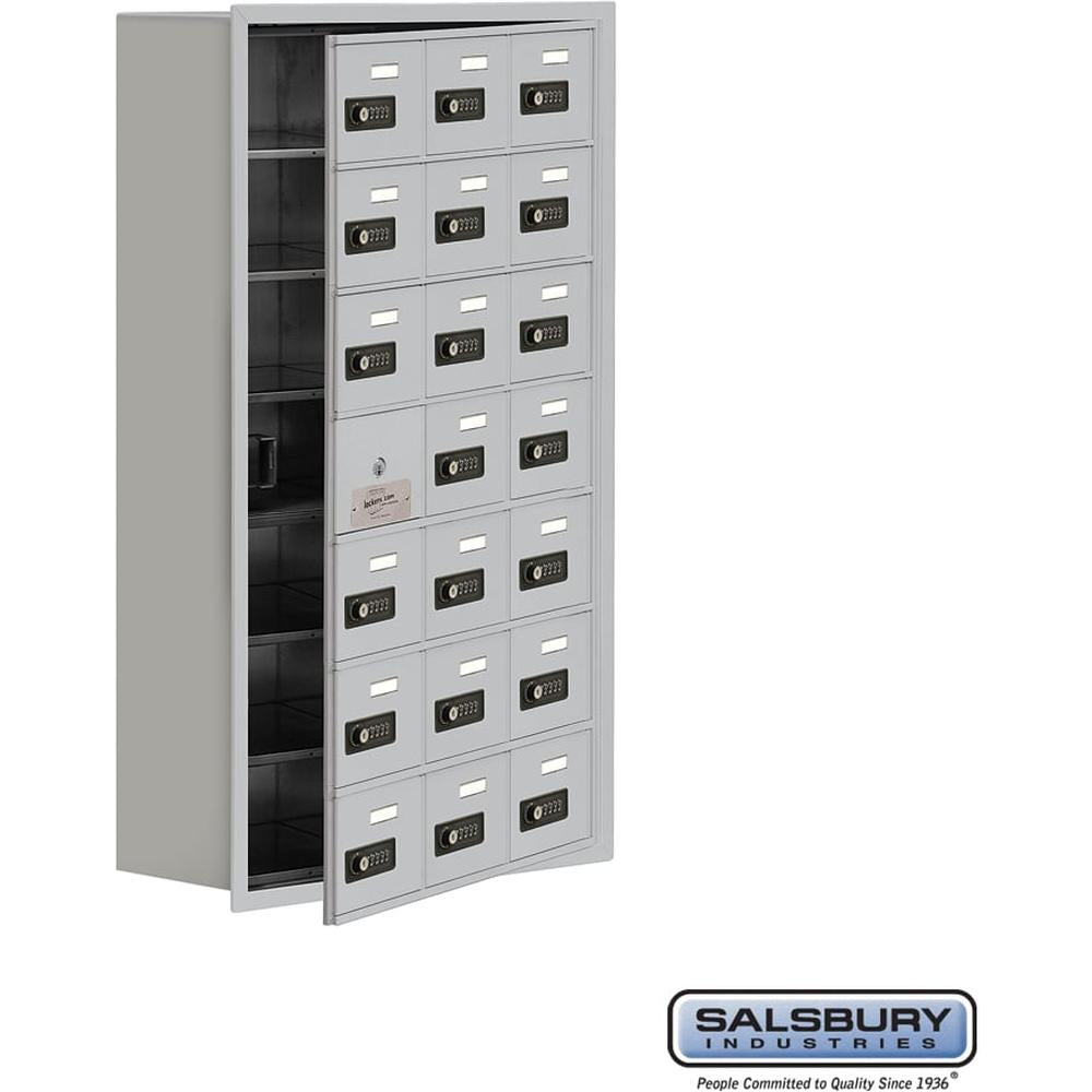 Recessed Mounted Cell Phone Storage Locker with 21 A Doors (20 usable) in Aluminum - Keyed Locks by Salsbury