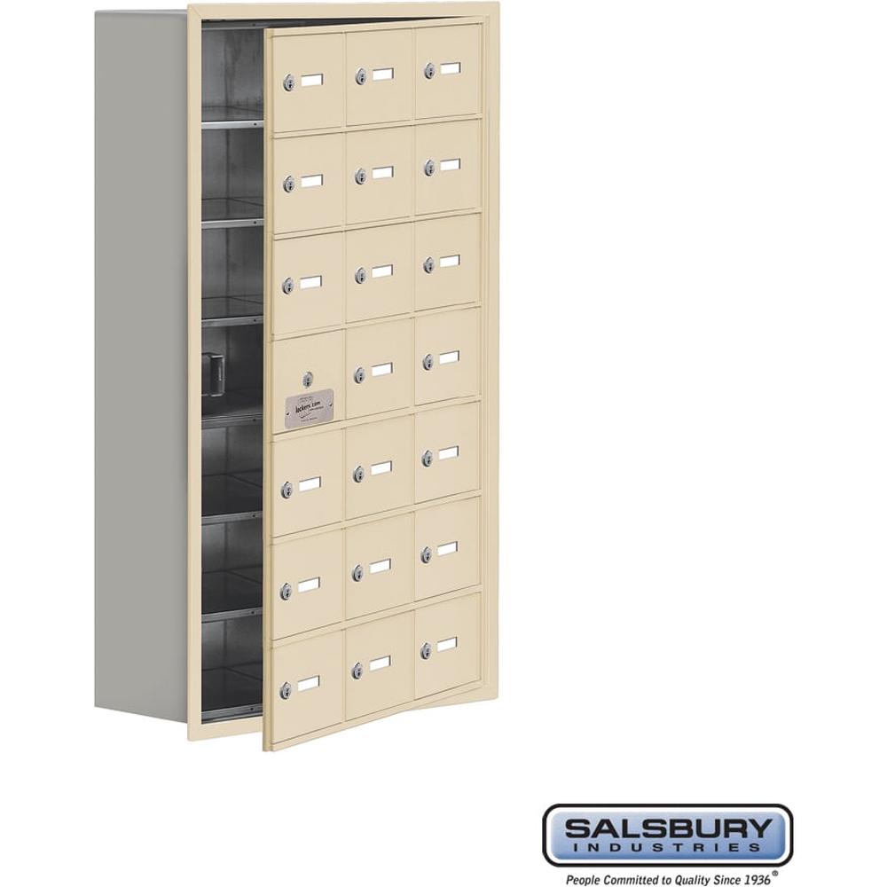 Recessed Mounted Cell Phone Storage Locker with 21 A Doors (20 usable) in Aluminum - Keyed Locks by Salsbury