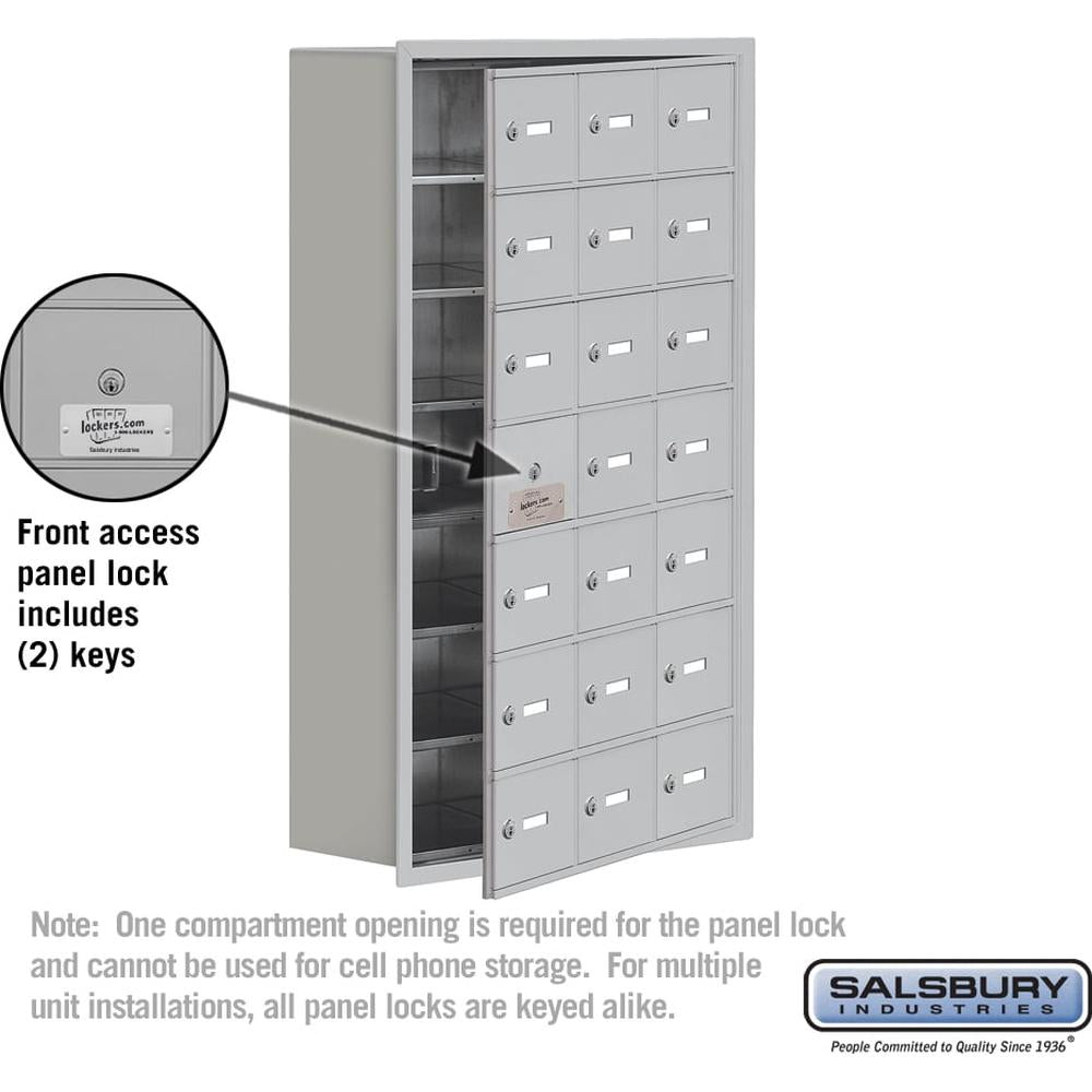 Recessed Mounted Cell Phone Storage Locker with 21 A Doors (20 usable) in Aluminum - Keyed Locks by Salsbury