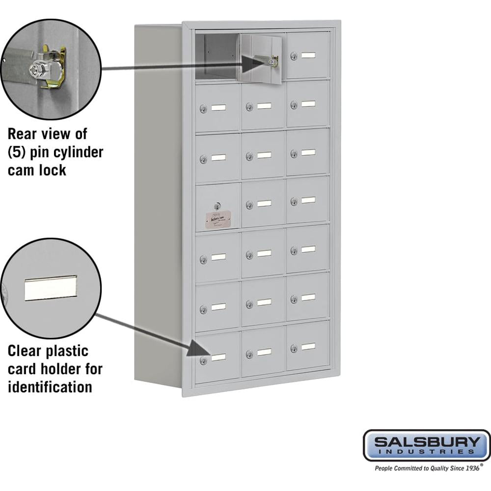 Recessed Mounted Cell Phone Storage Locker with 21 A Doors (20 usable) in Aluminum - Keyed Locks by Salsbury