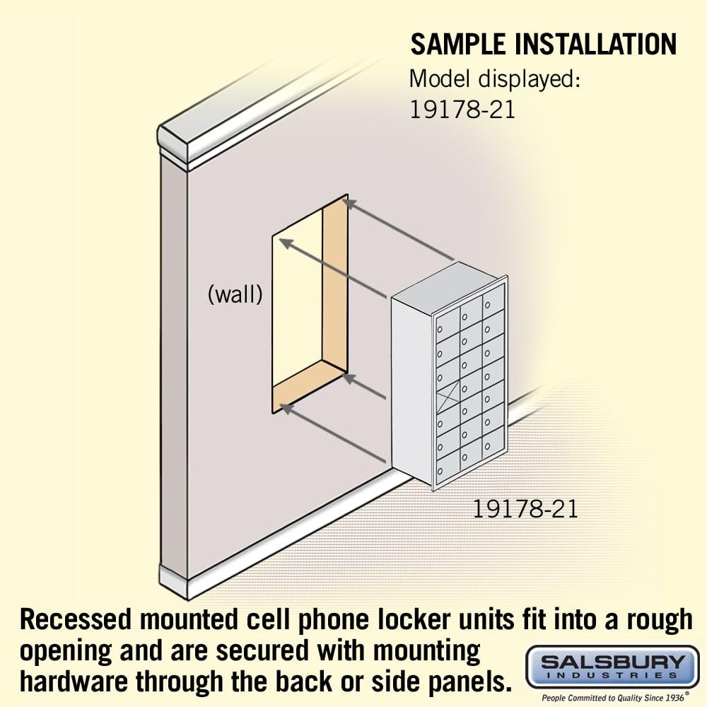 Recessed Mounted Cell Phone Storage Locker with 21 A Doors (20 usable) in Aluminum - Keyed Locks by Salsbury