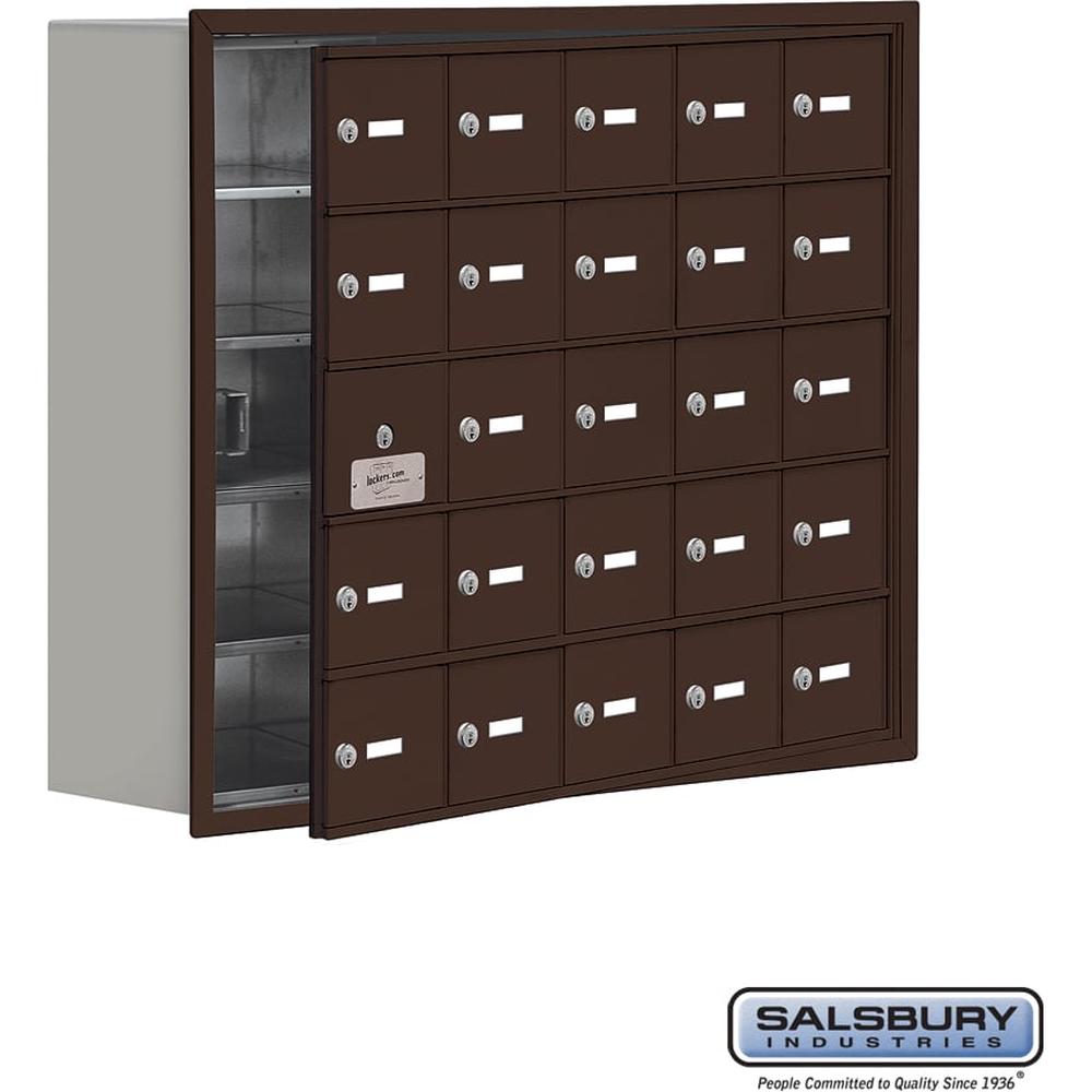 Recessed Mounted Cell Phone Storage Locker with 25 A Doors (24 usable) in Aluminum - Keyed Locks by Salsbury
