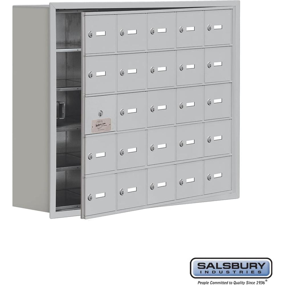 Recessed Mounted Cell Phone Storage Locker with 25 A Doors (24 usable) in Aluminum - Keyed Locks by Salsbury