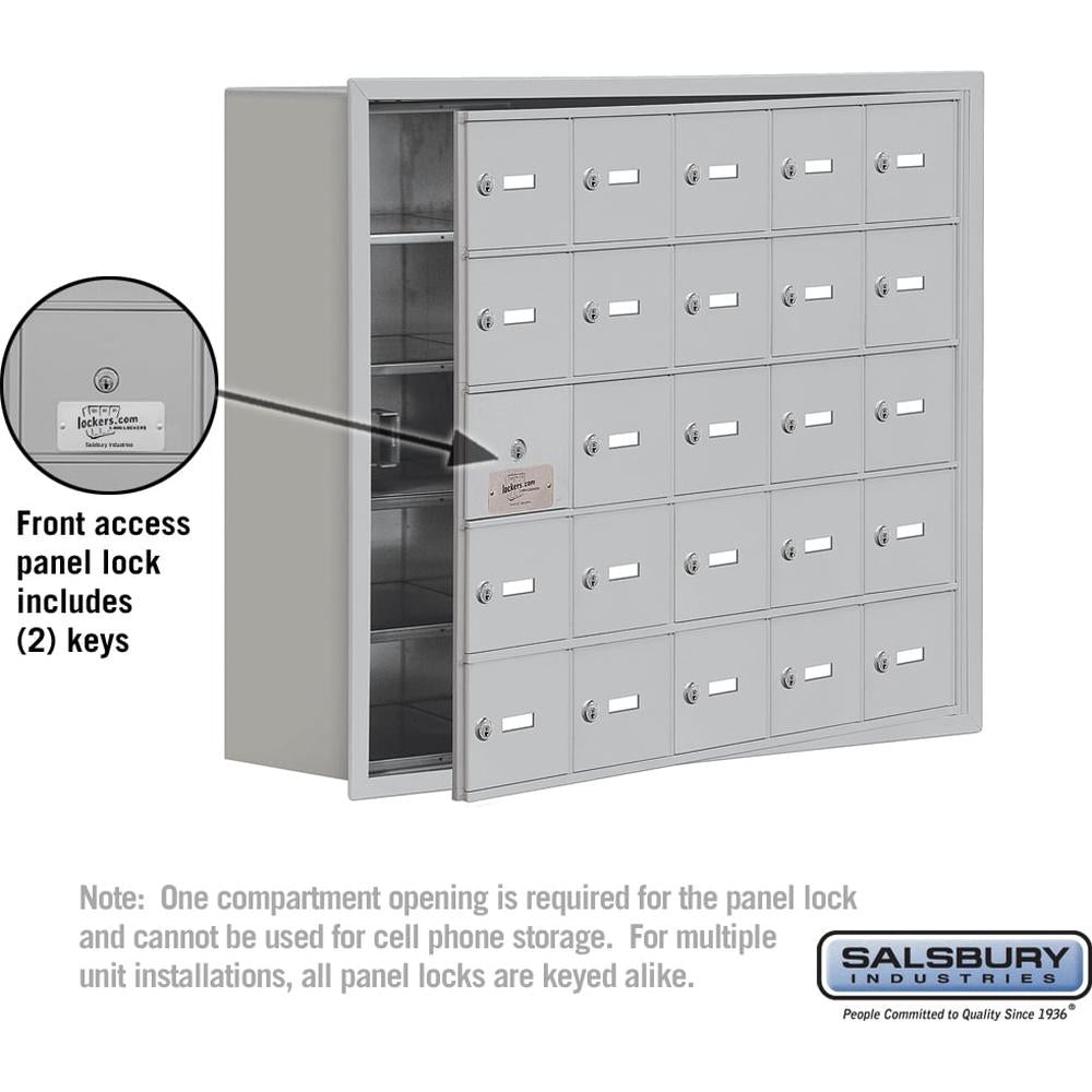 Recessed Mounted Cell Phone Storage Locker with 25 A Doors (24 usable) in Aluminum - Keyed Locks by Salsbury