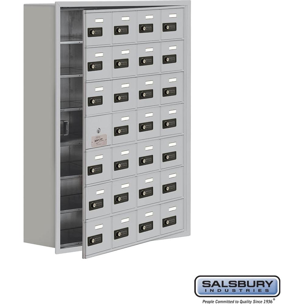 Recessed Mounted Cell Phone Storage Locker with 28 A Doors (27 usable) in Aluminum - Keyed Locks by Salsbury
