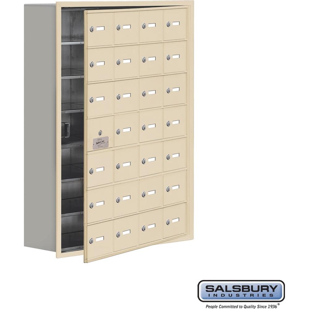 Recessed Mounted Cell Phone Storage Locker with 28 A Doors (27 usable) in Aluminum - Keyed Locks by Salsbury