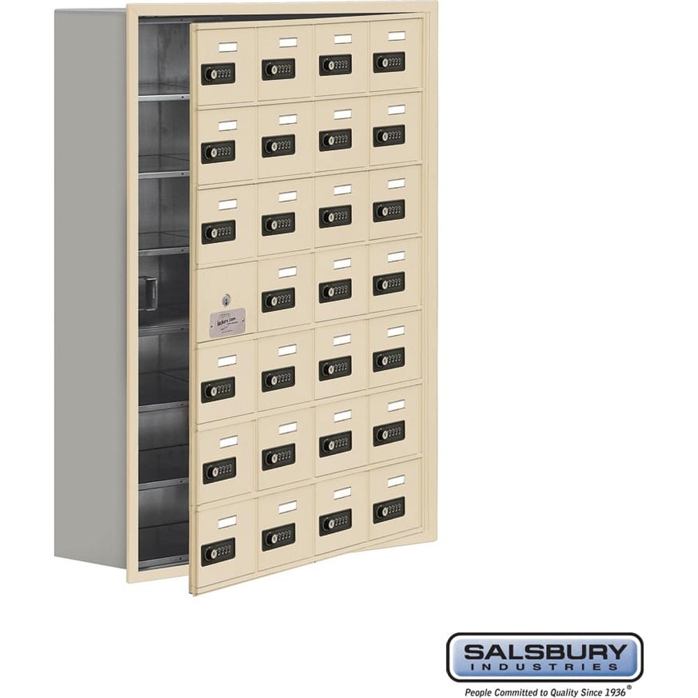 Recessed Mounted Cell Phone Storage Locker with 28 A Doors (27 usable) in Aluminum - Keyed Locks by Salsbury