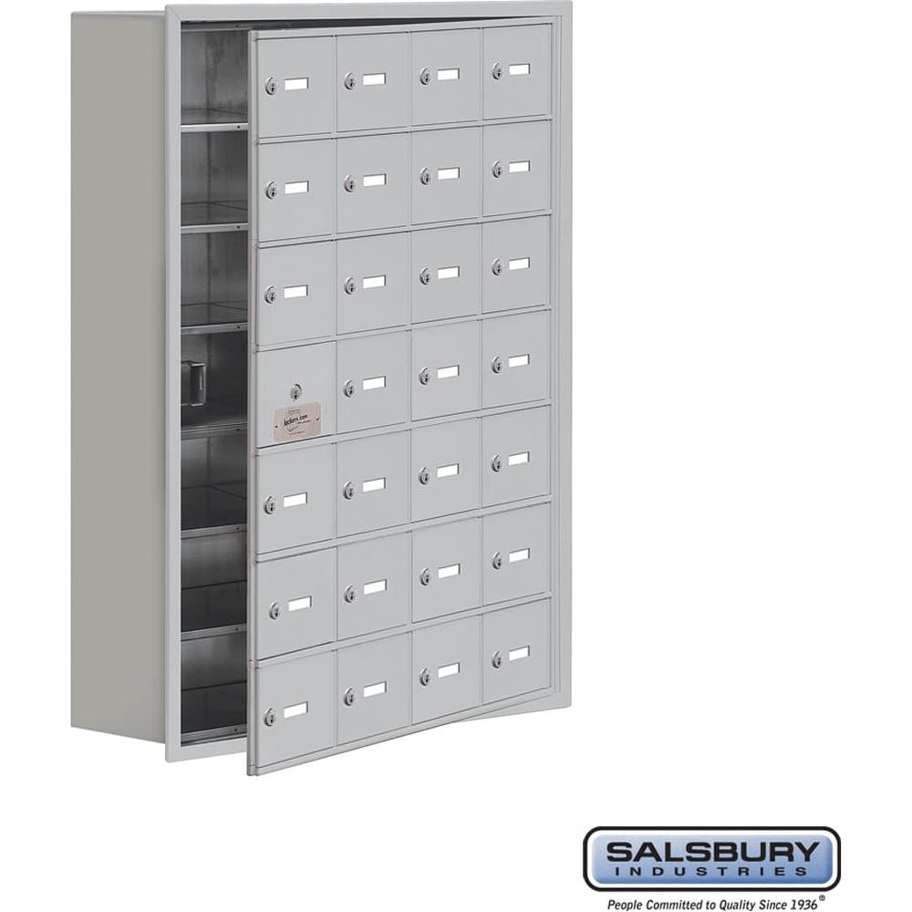 Recessed Mounted Cell Phone Storage Locker with 28 A Doors (27 usable) in Aluminum - Keyed Locks by Salsbury