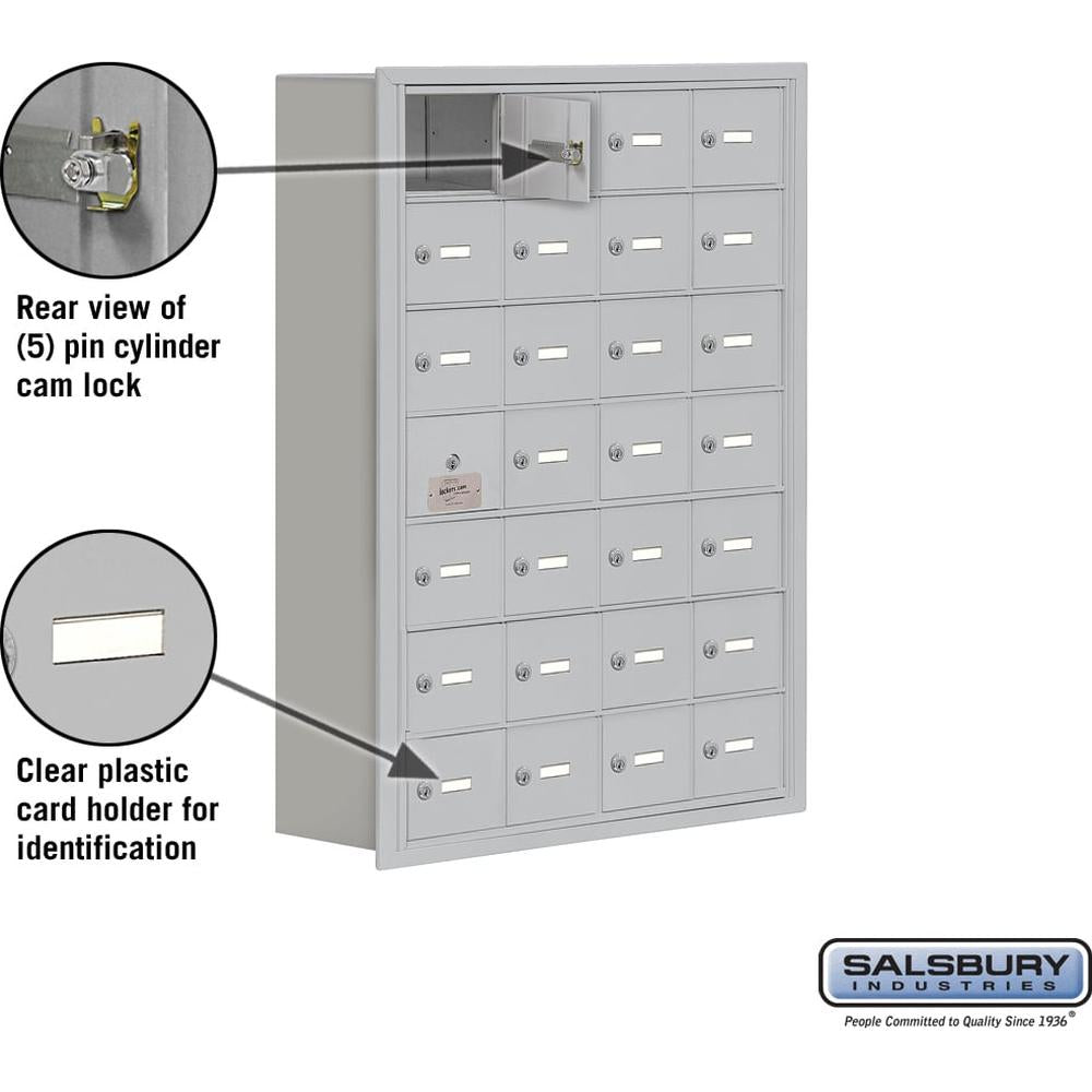 Recessed Mounted Cell Phone Storage Locker with 28 A Doors (27 usable) in Aluminum - Keyed Locks by Salsbury