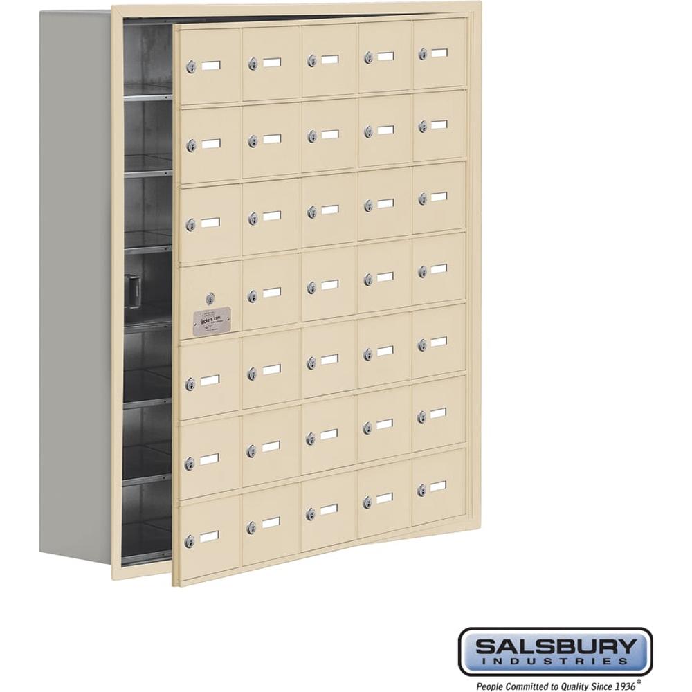 Recessed Mounted Cell Phone Storage Locker with 35 A Doors (34 usable) in Aluminum - Keyed Locks by Salsbury