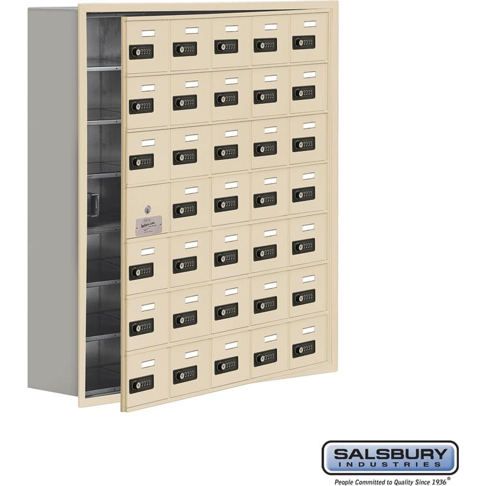 Recessed Mounted Cell Phone Storage Locker with 35 A Doors (34 usable) in Aluminum - Keyed Locks by Salsbury