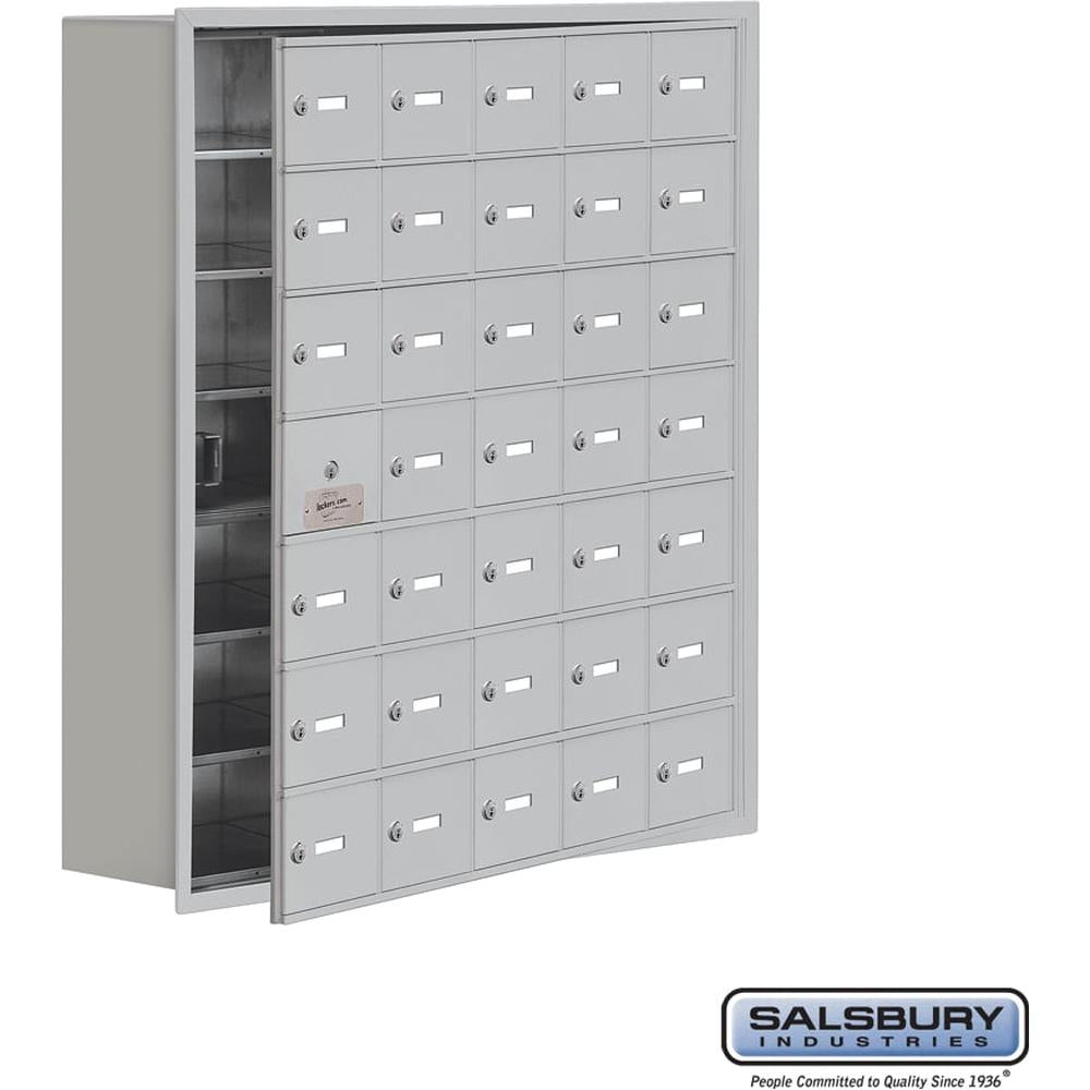 Recessed Mounted Cell Phone Storage Locker with 35 A Doors (34 usable) in Aluminum - Keyed Locks by Salsbury