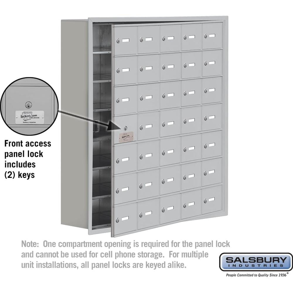Recessed Mounted Cell Phone Storage Locker with 35 A Doors (34 usable) in Aluminum - Keyed Locks by Salsbury