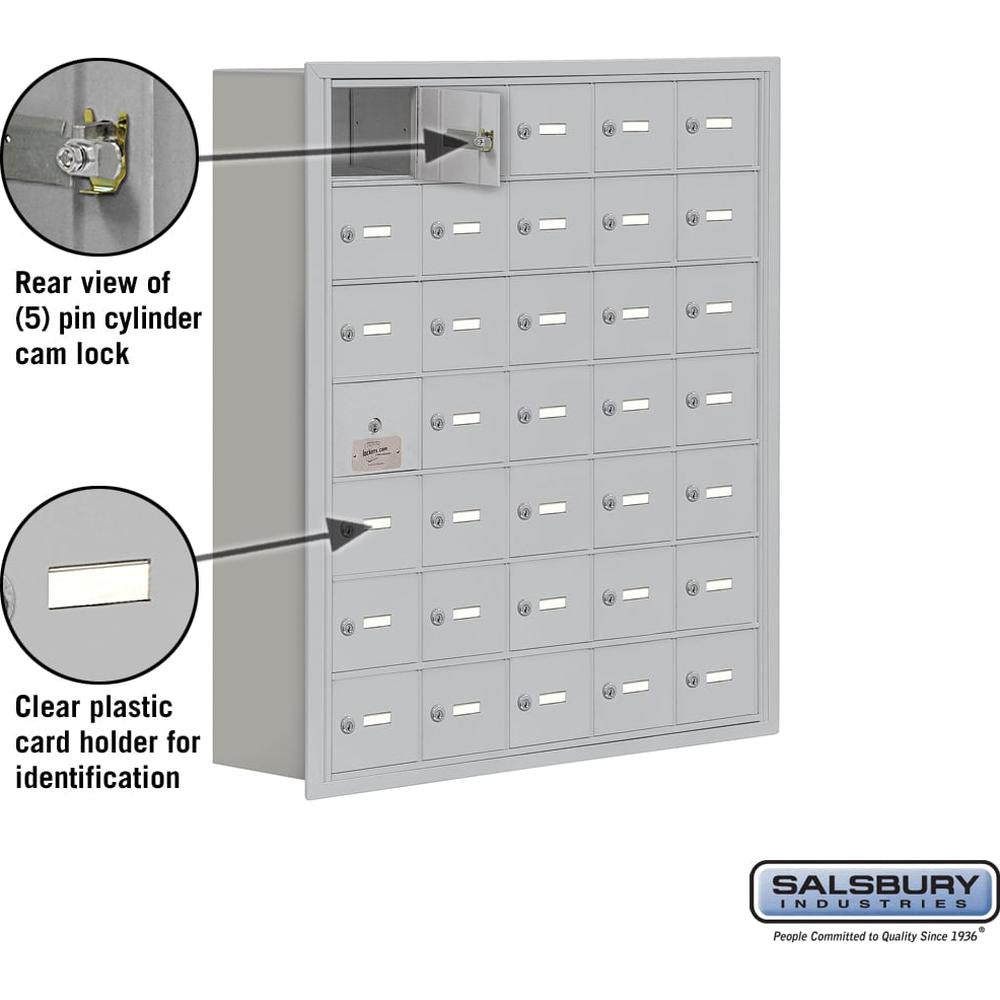 Recessed Mounted Cell Phone Storage Locker with 35 A Doors (34 usable) in Aluminum - Keyed Locks by Salsbury