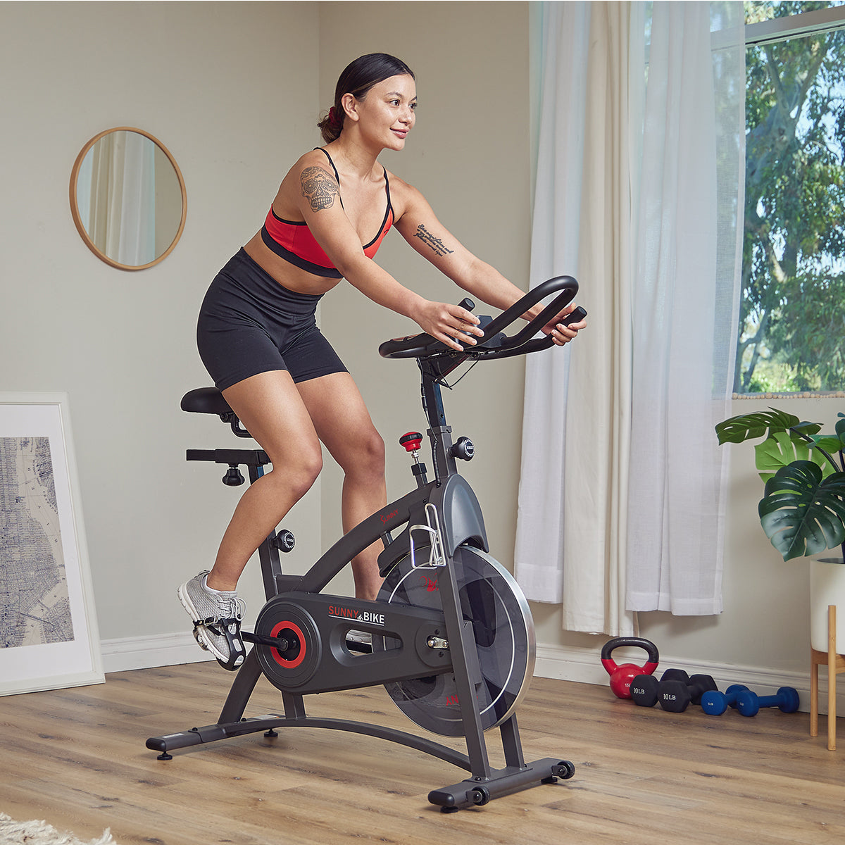 Sunny Health & Fitness Premium Magnetic Resistance Smart Indoor Cycling Bike with Quiet Belt Drive
