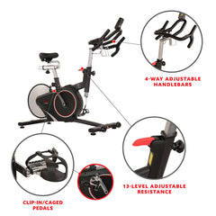 Sunny Health & Fitness Magnetic Rear Belt Drive Stationary Bike with Cadence Sensor, High Weight Indoor Cycling