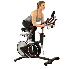 Sunny Health & Fitness Magnetic Rear Belt Drive Stationary Bike with Cadence Sensor, High Weight Indoor Cycling