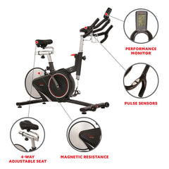 Sunny Health & Fitness Magnetic Rear Belt Drive Stationary Bike with Cadence Sensor, High Weight Indoor Cycling