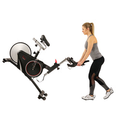 Sunny Health & Fitness Magnetic Rear Belt Drive Stationary Bike with Cadence Sensor, High Weight Indoor Cycling