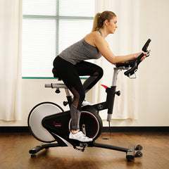 Sunny Health & Fitness Magnetic Rear Belt Drive Stationary Bike with Cadence Sensor, High Weight Indoor Cycling