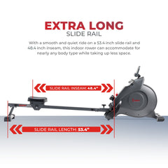 Sunny Health & Fitness Smart Extra Long Slide Rail Magnetic Rowing Machine