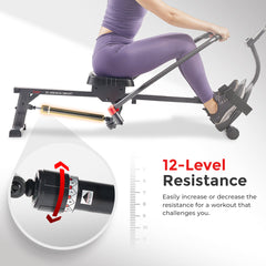 Sunny Health & Fitness Smart Compact Full Motion Rowing Machine with 12 Levels Hydraulic Resistance