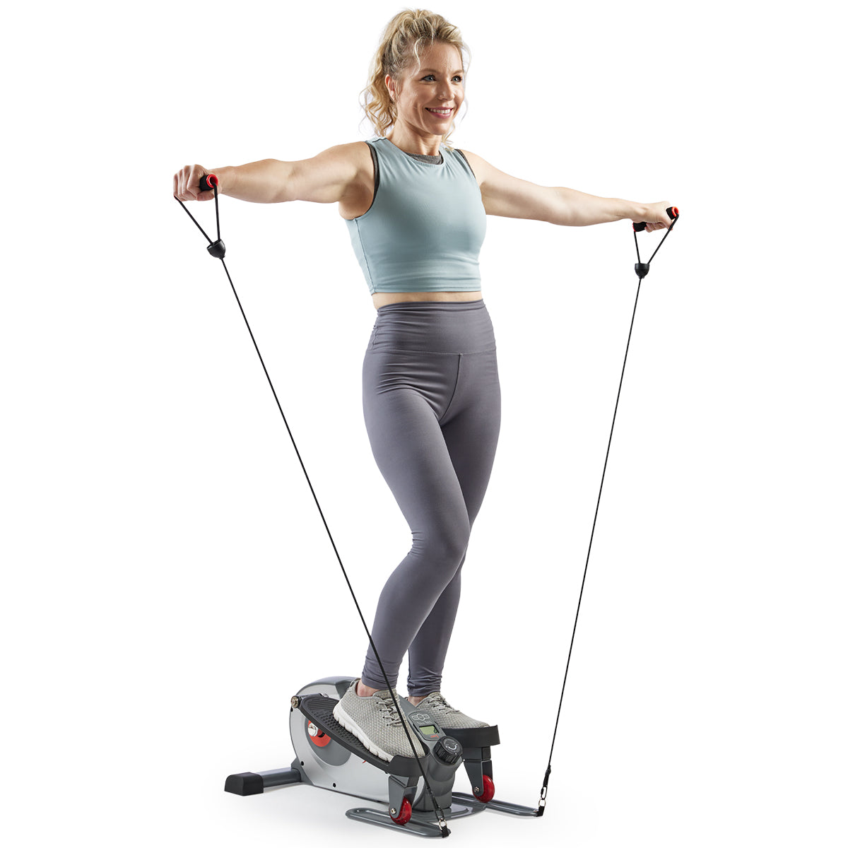 Sunny Health & Fitness Smart Stand/Sit Mini Elliptical Exercise Trainer with Resistance Bands