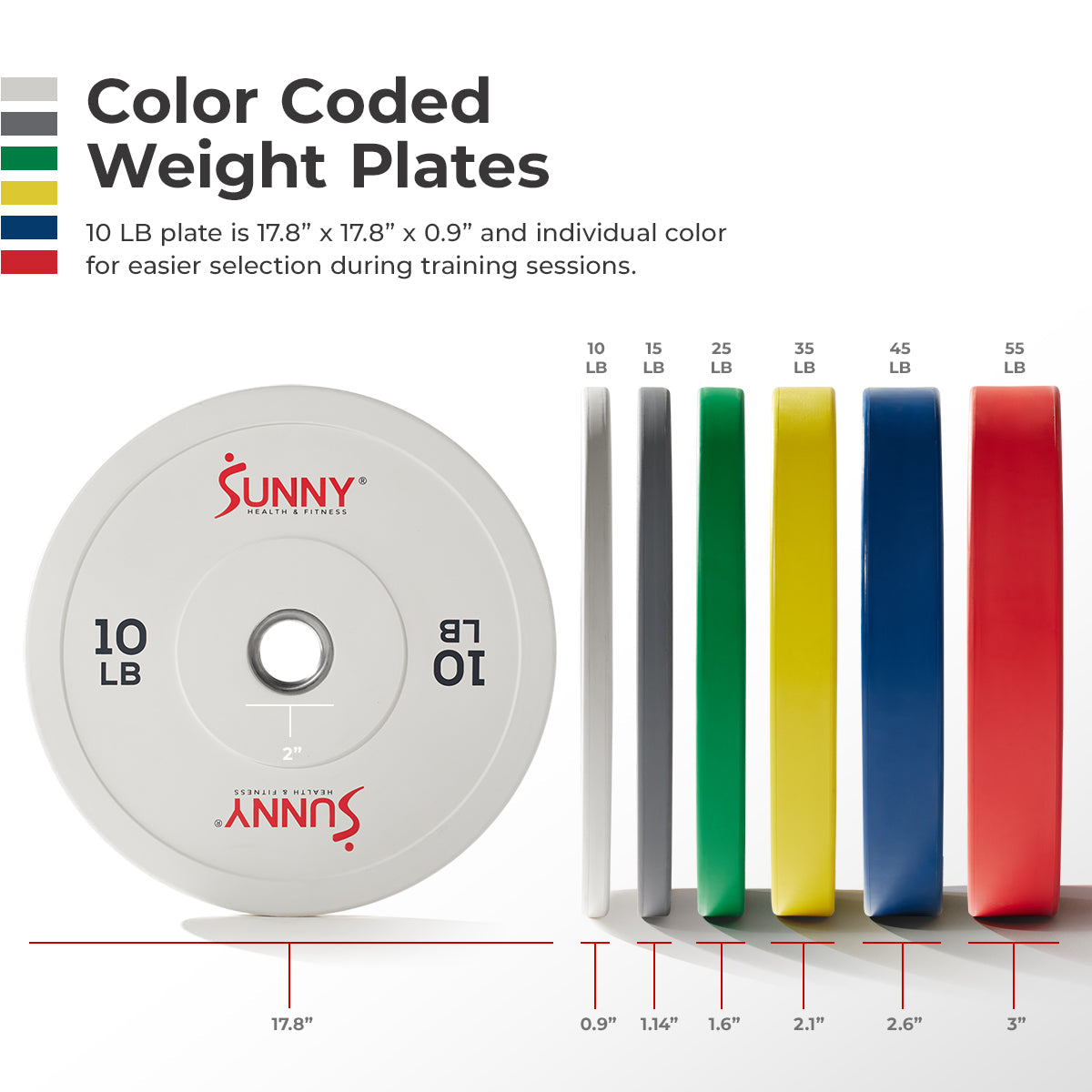 Sunny Health & Fitness Strength Elite 2-inch Rubber Olympic Weight Plates 10 - 55 LBS