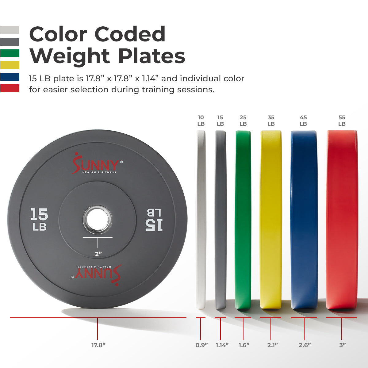 Sunny Health & Fitness Strength Elite 2-inch Rubber Olympic Weight Plates 10 - 55 LBS