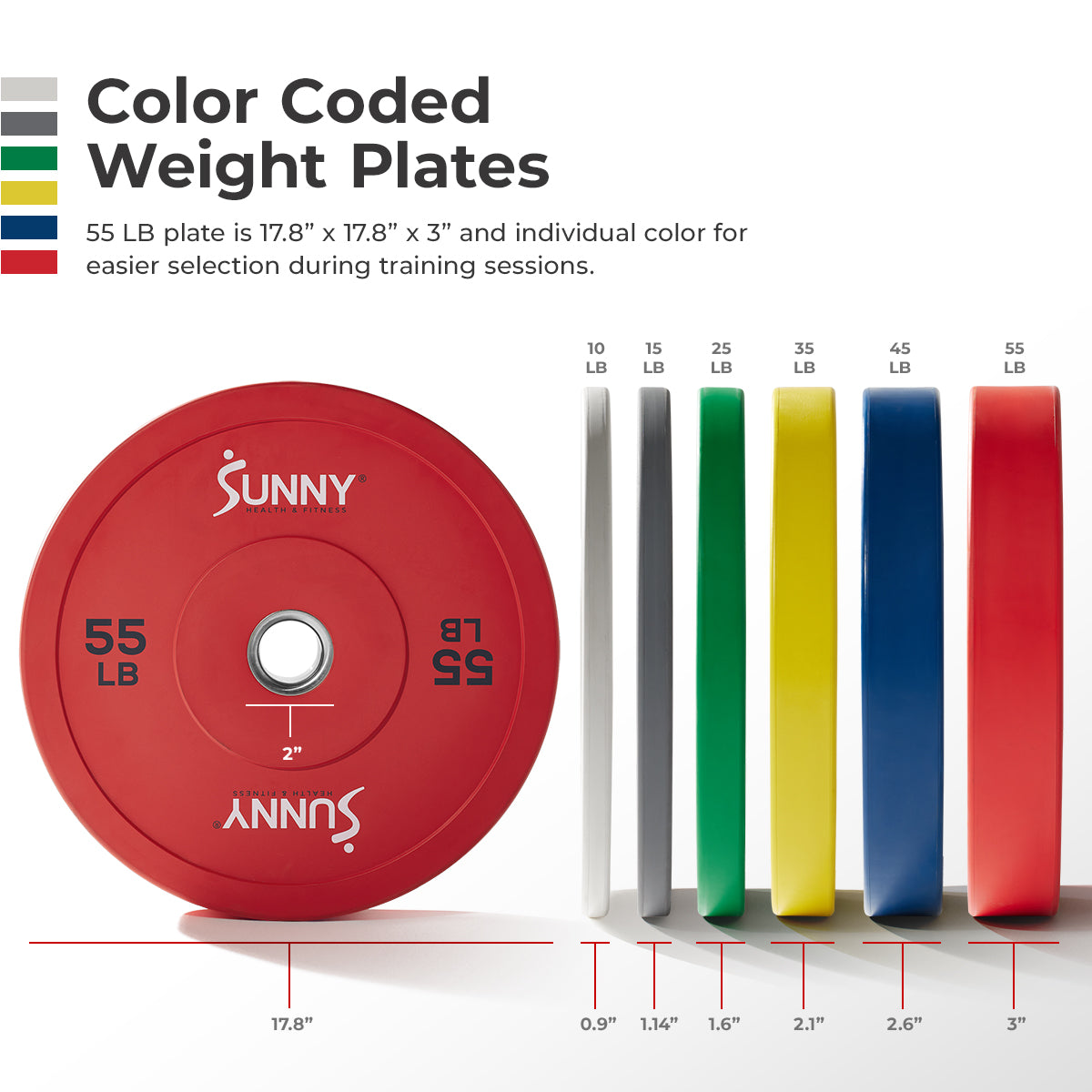 Sunny Health & Fitness Strength Elite 2-inch Rubber Olympic Weight Plates 10 - 55 LBS