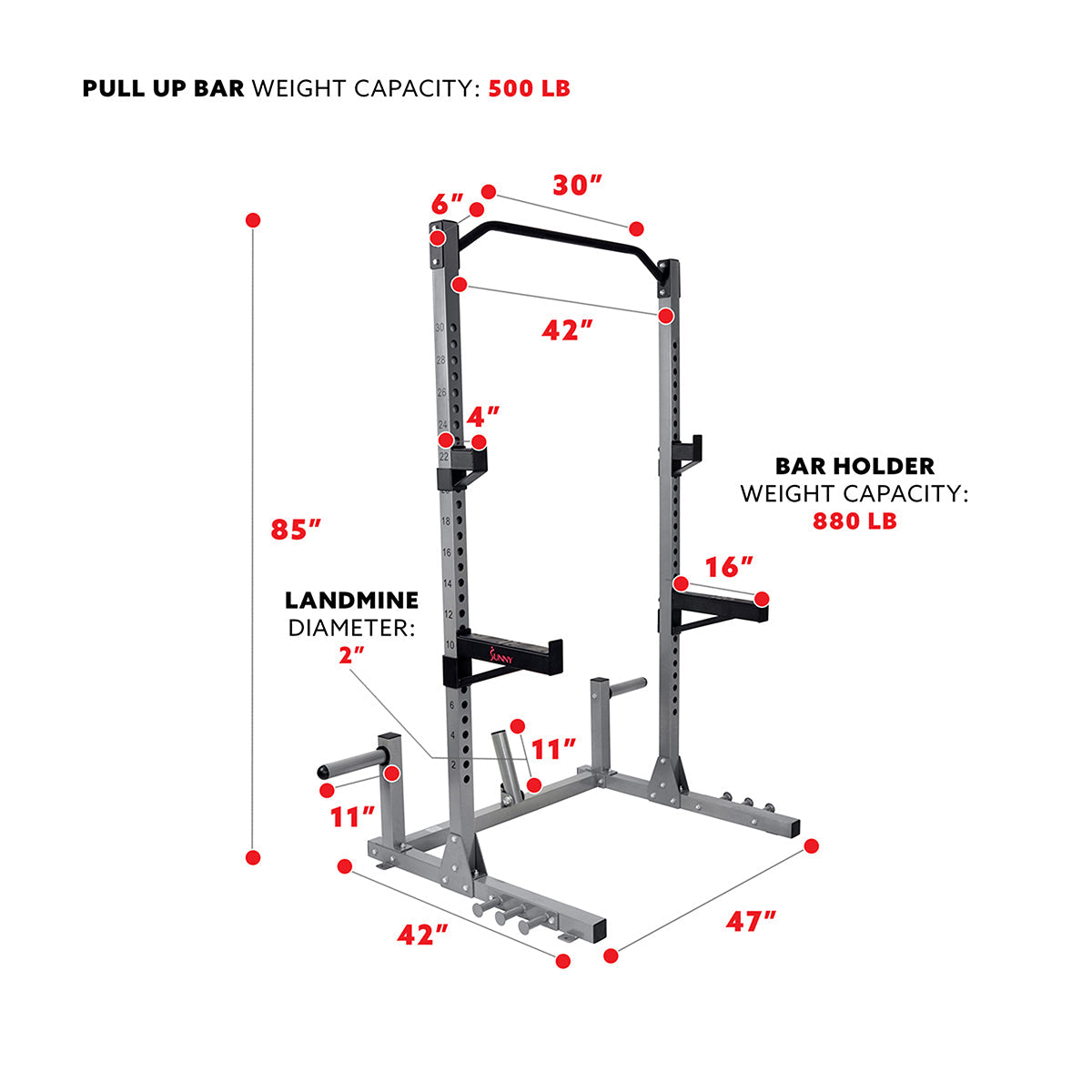 Sunny Health & Fitness Power Squat Rack w/ Attachments & High Weight Capacity, Olympic Weight Plate Storage, & Swivel Landmine