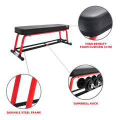 Sunny Health & Fitness Power Zone Premium Strength Flat Bench With Dumbbell Rack