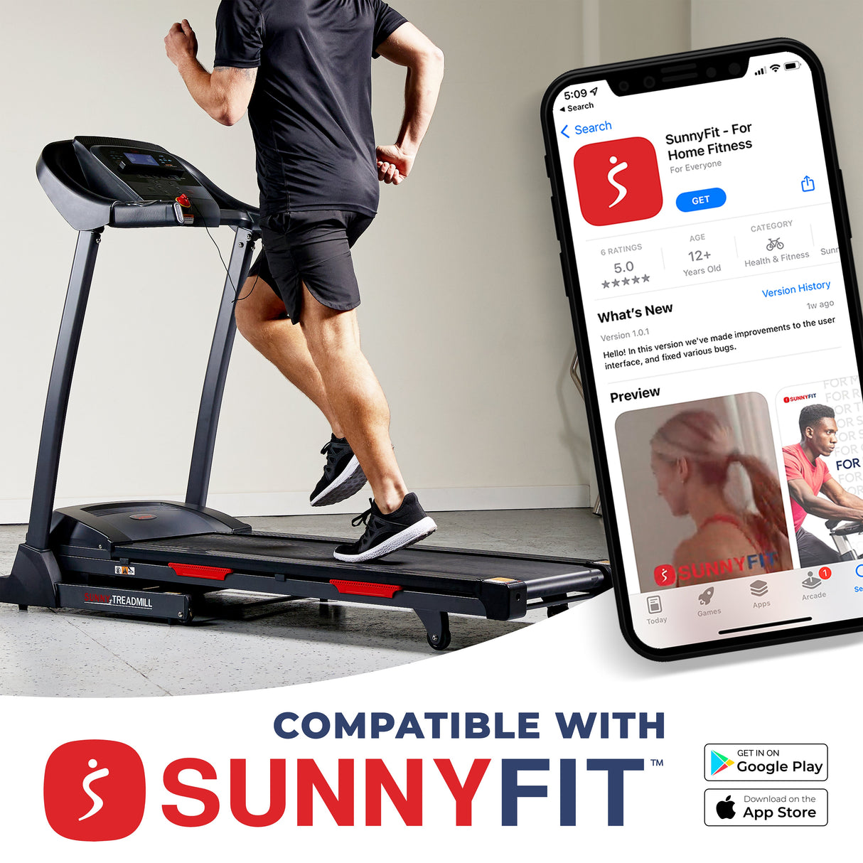 Sunny Health& Fitness Premium Folding Auto-Incline Smart Treadmill with Exclusive SunnyFit® App Enhanced Bluetooth Connectivity