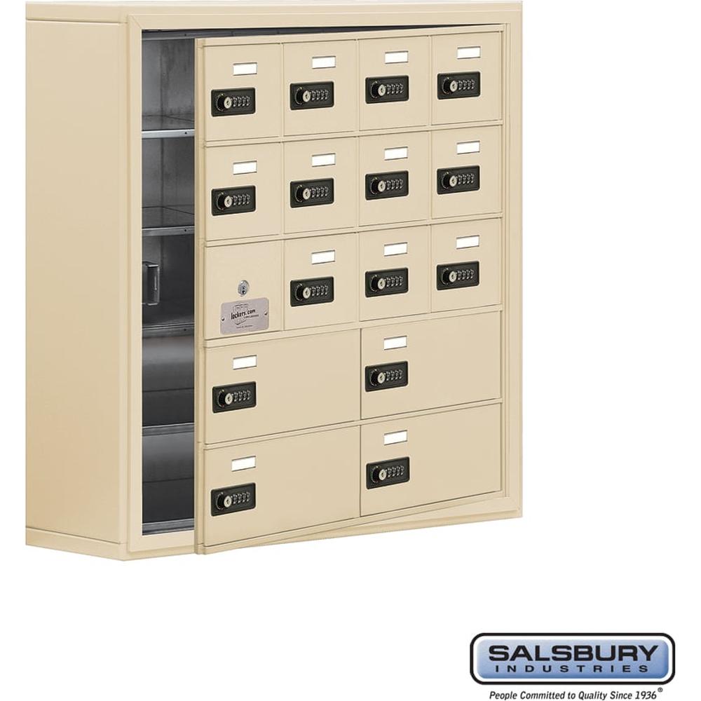 Surface Mounted Cell Phone Locker with 12 A Doors (11 usable) 4 B Doors in Sandstone - Resettable Combination Locks by Salsbury