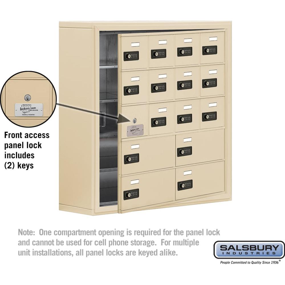 Surface Mounted Cell Phone Locker with 12 A Doors (11 usable) 4 B Doors in Sandstone - Resettable Combination Locks by Salsbury