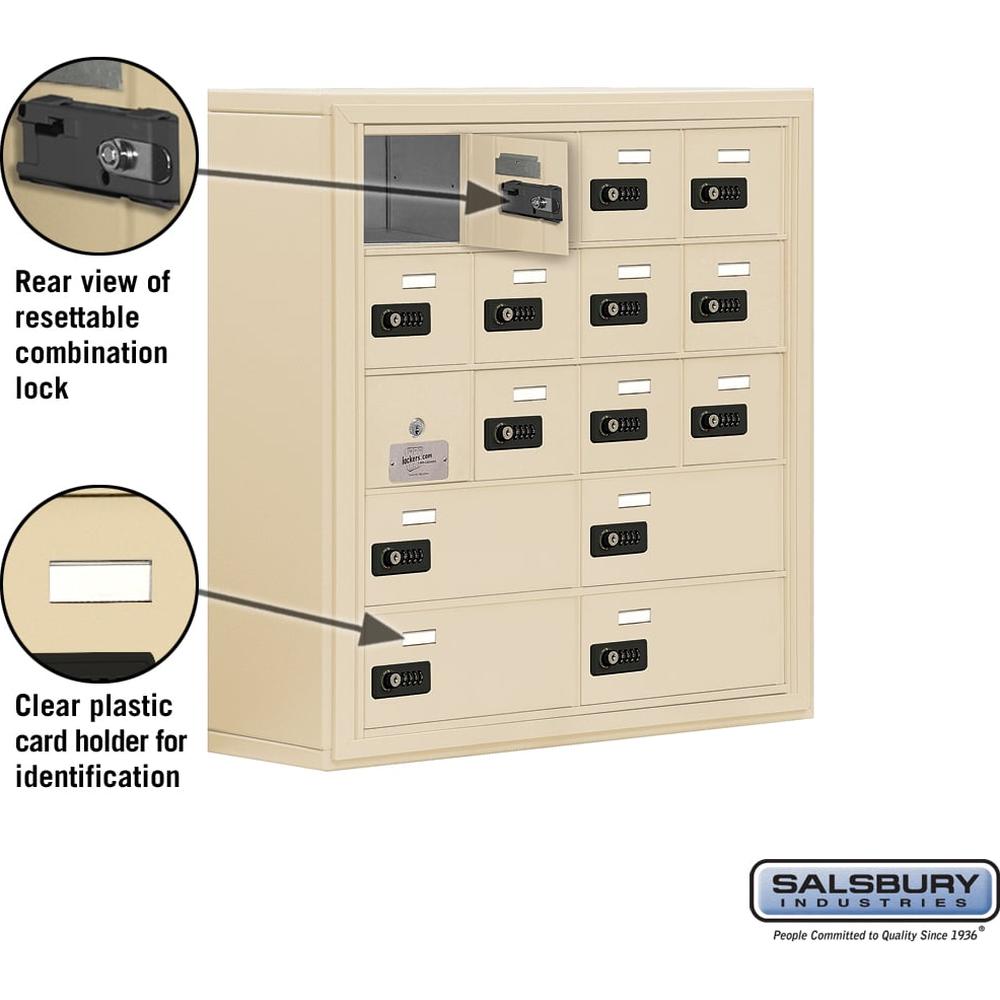 Surface Mounted Cell Phone Locker with 12 A Doors (11 usable) 4 B Doors in Sandstone - Resettable Combination Locks by Salsbury