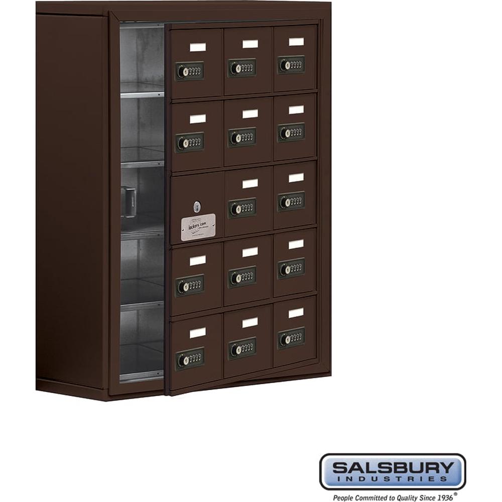 Surface Mounted Cell Phone Storage Locker with 15 A Doors (14 usable) in Aluminum - Keyed Locks by Salsbury