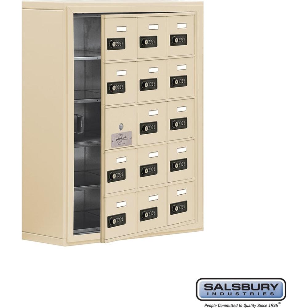 Surface Mounted Cell Phone Storage Locker with 15 A Doors (14 usable) in Aluminum - Keyed Locks by Salsbury